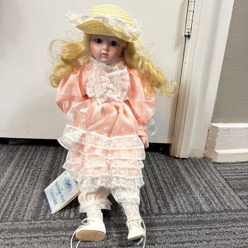 Heritage Mint Ltd. Porcelain Doll – Blonde Hair, Pink Lace Dress, Vintage